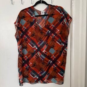 CAbi #3773 Lattice a sheer, V-neck, cap-sleeve overblouse, floral Sz. M